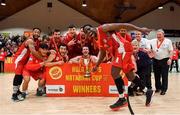 27 January 2018; Mike Bonaparte of Black Amber Templeogue and his team celebrate with the cup after the Hula Hoops Pat Duffy National Cup Final match between UCD Marian and Black Amber Templeogue at the National Basketball Arena in Tallaght, Dublin. Photo by Brendan Moran/Sportsfile