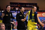 27 January 2018; UCD Marian head coach Ioannis Liapakis and his assistant coach Conor James, left, and player Barry Drumm react after a technical foul was called on Liapakis in the final seconds during the Hula Hoops Pat Duffy National Cup Final match between UCD Marian and Black Amber Templeogue at the National Basketball Arena in Tallaght, Dublin. Photo by Brendan Moran/Sportsfile