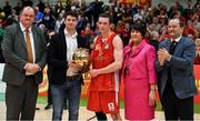 27 January 2018; Lorcan Murphy of Black Amber Templeogue is presented with the MVP by Ian O'Rourke, 2nd from left, Largo Foods, in the company of, from left, Bernard O'Byrne, Secretary General, Basketball Ireland, Theresa Walsh, President, Basketball Ireland and Patrick Baumann, Secretary General, FIBA, during the Hula Hoops Pat Duffy National Cup Final match between UCD Marian and Black Amber Templeogue at the National Basketball Arena in Tallaght, Dublin. Photo by Brendan Moran/Sportsfile