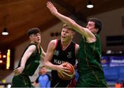 28 January 2018; Eoin McCann of Kubs in action against Paul Kelly, left, and John Hackett of Moycullen during the Hula Hoops Under 20 Men’s National Cup Final match between Moycullen and KUBS at the National Basketball Arena in Tallaght, Dublin. Photo by Brendan Moran/Sportsfile