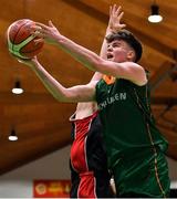 28 January 2018; Paul Kelly of Moycullen in action against Eoin McCann of Kubs during the Hula Hoops Under 20 Men’s National Cup Final match between Moycullen and KUBS at the National Basketball Arena in Tallaght, Dublin. Photo by Brendan Moran/Sportsfile