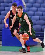28 January 2018; Connor Curran of Moycullen in action against Jordan Fallon of Kubs during the Hula Hoops Under 20 Men’s National Cup Final match between Moycullen and KUBS at the National Basketball Arena in Tallaght, Dublin. Photo by Brendan Moran/Sportsfile
