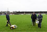 28 January 2018; Cusack Park groundsmen, from left, John Fall, Noel Cooney and Michael Maher prepare the pitch prior to the Allianz Hurling League Division 1A Round 1 match between Clare and Tipperary at Cusack Park in Ennis, County Clare. Photo by Stephen McCarthy/Sportsfile