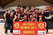 28 January 2018; KUBS players celebrate with the cup after the Hula Hoops Under 20 Men’s National Cup Final match between Moycullen and KUBS at the National Basketball Arena in Tallaght, Dublin. Photo by Eóin Noonan/Sportsfile