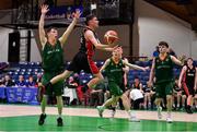 28 January 2018; Jordan Fallon of Kubs in action against Connor Curran, left, James Connaire and Paul Kelly, right, of Moycullen during the Hula Hoops Under 20 Men’s National Cup Final match between Moycullen and KUBS at the National Basketball Arena in Tallaght, Dublin. Photo by Brendan Moran/Sportsfile