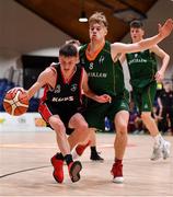 28 January 2018; Jordan Fallon of Kubs in action against Max Brennan of Moycullen during the Hula Hoops Under 20 Men’s National Cup Final match between Moycullen and KUBS at the National Basketball Arena in Tallaght, Dublin. Photo by Brendan Moran/Sportsfile