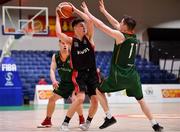 28 January 2018; Stephen Allen of Kubs in action against Max Brennan and Connor Curran of Moycullen during the Hula Hoops Under 20 Men’s National Cup Final match between Moycullen and KUBS at the National Basketball Arena in Tallaght, Dublin. Photo by Brendan Moran/Sportsfile