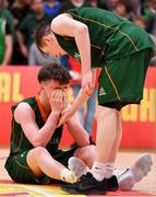 28 January 2018; Paul Kelly of Moycullen is consoled by team-mate Connor Curran after the Hula Hoops Under 20 Men’s National Cup Final match between Moycullen and KUBS at the National Basketball Arena in Tallaght, Dublin. Photo by Brendan Moran/Sportsfile
