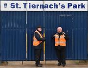 28 January 2018; Stewards Pat Leahy, left, from Clones, and Michael Garrity, from Omagh, Co. Tyrone, man the main gate prior to the Allianz Football League Division 1 Round 1 match between Monaghan and Mayo at St Tiernach's Park in Clones, County Monaghan. Photo by Seb Daly/Sportsfile