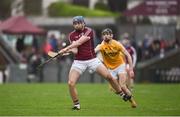 28 January 2018; Conor Cooney of Galway in action against David Kearney of Antrim during the Allianz Hurling League Division 1B Round 1 match between Galway and Antrim at Pearse Stadium in Galway. Photo by Daire Brennan/Sportsfile