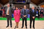 27 January 2018; Patrick Baumann, 2nd from right, Secretary General, FIBA, in the company Bernard O'Byrne, left, General Secretary, Basketball Ireland, Theresa Walsh, President, Basketball Ireland and Fran Ryan, Chairman, Board of Directors, Basketball Ireland, stand for the national anthem prior to the Hula Hoops Pat Duffy National Cup Final match between UCD Marian and Black Amber Templeogue at the National Basketball Arena in Tallaght, Dublin. Photo by Brendan Moran/Sportsfile