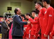 27 January 2018; Patrick Baumann, Secretary General, FIBA, meets Jason Killeen of Black Amber Templeogue prior to the Hula Hoops Pat Duffy National Cup Final match between UCD Marian and Black Amber Templeogue at the National Basketball Arena in Tallaght, Dublin. Photo by Brendan Moran/Sportsfile