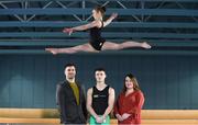 30 January 2018; Pictured are gymnast Meg Ryan, centre, with from left, Gymnastics Ireland CEO Ciaran Gallagher, gymnast Rhys McClenaghan and Nestlé Breakfast Cereals Ireland Associate Marketing Manager Aisling Curran at the announcement of Gymnastics Ireland three-year sponsorship deal with Nestlé Cereals at the National Indoor Arena, Blanchardstown. The sponsorship sees Nestlé Cereals become the official partner of Gymnastics Ireland, the national governing body for Gymnastics in Ireland with a membership of over 25,000 participants in 100 clubs across Irish communities nationwide. The Nestlé Cereals partnership will support Gymnastics Ireland in its on-going programme development which caters for all ages and levels of abilities. Photo by Sam Barnes/Sportsfile