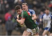 28 January 2018; Neil Douglas of Mayo in action against Ryan Wylie of Monaghan during the Allianz Football League Division 1 Round 1 match between Monaghan and Mayo at St Tiernach's Park in Clones, County Monaghan. Photo by Seb Daly/Sportsfile