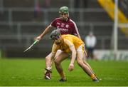 28 January 2018; David Kearney of Antrim in action against Brian Concannon of Galway during the Allianz Hurling League Division 1B Round 1 match between Galway and Antrim at Pearse Stadium in Galway. Photo by Daire Brennan/Sportsfile