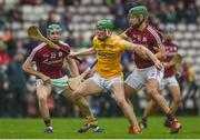 28 January 2018; Gerard Walsh of Antrim in action against Cathal Mannion, left, and Niall Burke during the Allianz Hurling League Division 1B Round 1 match between Galway and Antrim at Pearse Stadium in Galway. Photo by Daire Brennan/Sportsfile