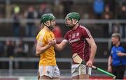 28 January 2018; Cathal Mannion of Galway and Paddy Burke of Antrim shake hands after the Allianz Hurling League Division 1B Round 1 match between Galway and Antrim at Pearse Stadium in Galway. Photo by Daire Brennan/Sportsfile