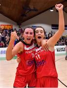 28 January 2018; Hollie Herlihy, left, and Olivia Dupuy of Fr Mathews celebrate after the Hula Hoops Senior Women's Cup Final match between Fr Mathews and Meteors at the National Basketball Arena in Tallaght, Dublin. Photo by Brendan Moran/Sportsfile