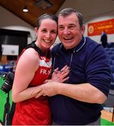 28 January 2018; Niamh Dwyer of Fr Mathews celebrates with her father Bill after the Hula Hoops Senior Women's Cup Final match between Fr Mathews and Meteors at the National Basketball Arena in Tallaght, Dublin. Photo by Brendan Moran/Sportsfile