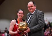28 January 2018; Niamh Dwyer of Fr Mathews is presented with the MVP by Basketball Ireland General Secretary Bernard O'Byrne after the Hula Hoops Senior Women's Cup Final match between Fr Mathews and Meteors at the National Basketball Arena in Tallaght, Dublin. Photo by Brendan Moran/Sportsfile