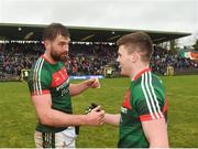 28 January 2018; Mayo captain Aidan O’Shea, left, congratulates teammate Eoin O’Donoghue, right, following their side's victory during the Allianz Football League Division 1 Round 1 match between Monaghan and Mayo at St Tiernach's Park in Clones, County Monaghan. Photo by Seb Daly/Sportsfile