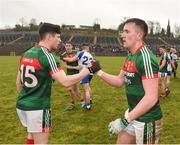 28 January 2018; Cillian O'Connor, right, and Conor Loftus of Mayo congratulate each other following their side's victory during the Allianz Football League Division 1 Round 1 match between Monaghan and Mayo at St Tiernach's Park in Clones, County Monaghan. Photo by Seb Daly/Sportsfile