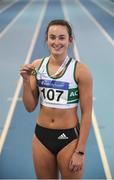 28 January 2018; Ciara Neville of Emerald AC, Co Limerick, with her gold medal after winning the Junior Women 60m during the Irish Life Health National Indoor Junior and U23 Championships at Athlone IT in Athlone, County Westmeath. Photo by Sam Barnes/Sportsfile
