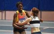 28 January 2018; Rhasidat Adeleke of Tallaght AC, Co Dublin, left, is congratulated by Aoife Lynch of Donore Harriers, Co Dublin,  after winning the Junior Women 200m during the Irish Life Health National Indoor Junior and U23 Championships at Athlone IT in Athlone, County Westmeath. Photo by Sam Barnes/Sportsfile
