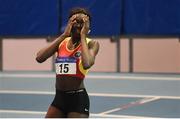28 January 2018; Rhasidat Adeleke of Tallaght AC, Co Dublin, reacts after winning the Junior Women 200m during the Irish Life Health National Indoor Junior and U23 Championships at Athlone IT in Athlone, County Westmeath. Photo by Sam Barnes/Sportsfile