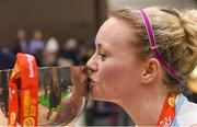 28 January 2018; Co captain Aisling Sullivan of DCU Mercy kisses the up after the Hula Hoops Women’s National Cup Final match between DCU Mercy and Ambassador UCC Glanmire at the National Basketball Arena in Tallaght, Dublin. Photo by Eóin Noonan/Sportsfile