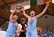 28 January 2018; DCU Mercy co-captains Aisling Sullivan, left, and Sarah Woods celebrate with the cup after the Hula Hoops Women’s National Cup Final match between DCU Mercy and Ambassador UCC Glanmire at the National Basketball Arena in Tallaght, Dublin. Photo by Brendan Moran/Sportsfile