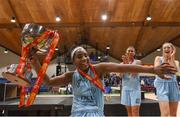 28 January 2018; Tiffany Corselli of DCU Mercy celebrates with the cup after the Hula Hoops Women’s National Cup Final match between DCU Mercy and Ambassador UCC Glanmire at the National Basketball Arena in Tallaght, Dublin. Photo by Eóin Noonan/Sportsfile