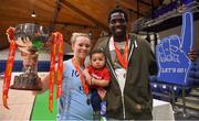 28 January 2018; DCU Mercy co-captain Aisling Sullivan with Mike Bonaparte of Black Amber Templeogue and their son Mike, age 9 months, after the Hula Hoops Women’s National Cup Final match between DCU Mercy and Ambassador UCC Glanmire at the National Basketball Arena in Tallaght, Dublin. Photo by Brendan Moran/Sportsfile