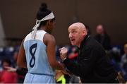 28 January 2018; DCU Mercy head coach Mark Ingle makes a point to Tiffany Corselli of DCU Mercy during the Hula Hoops Women’s National Cup Final match between DCU Mercy and Ambassador UCC Glanmire at the National Basketball Arena in Tallaght, Dublin. Photo by Brendan Moran/Sportsfile