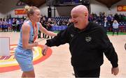 28 January 2018; DCU Mercy head coach Mark Ingle is congratulated by co-captain Sarah Woods after the Hula Hoops Women’s National Cup Final match between DCU Mercy and Ambassador UCC Glanmire at the National Basketball Arena in Tallaght, Dublin. Photo by Brendan Moran/Sportsfile