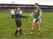 28 January 2018; Referee David Gough and Mayo captain Aidan O'Shea prior to the Allianz Football League Division 1 Round 1 match between Monaghan and Mayo at St Tiernach's Park in Clones, County Monaghan. Photo by Seb Daly/Sportsfile