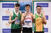 28 January 2018; U23 Men 60m Hurdles medallists, from left, Donal Kearns of Cushinstown AC, Co Meath, bronze, Matthew Behan of Crusaders AC, Co Dublin, gold, and Paul Sexton of Annalee AC, Co Cavan, silver, during the Irish Life Health National Indoor Junior and U23 Championships at Athlone IT in Athlone, County Westmeath. Photo by Sam Barnes/Sportsfile