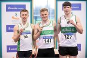 28 January 2018; U23 Men 60m medallists, from left, Conor Duggan of Craughwell AC, Co Galway, bronze, Sean O'Driscoll of Raheny Shamrock AC, Co Dublin, gold and Paul Costello of Emerald AC, Co Limerick, silver, during the Irish Life Health National Indoor Junior and U23 Championships at Athlone IT in Athlone, County Westmeath. Photo by Sam Barnes/Sportsfile