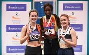 28 January 2018; Junior Women 200m medallists, from left, Alana Ryan of Sli Cualann AC, Co Wicklow, bronze, Rhasidat Adeleke of Tallaght AC, Co Dublin, gold, and Aoife Lynch of Donore Harriers, Co Dublin, silver, during the Irish Life Health National Indoor Junior and U23 Championships at Athlone IT in Athlone, County Westmeath. Photo by Sam Barnes/Sportsfile