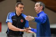 27 January 2018; Referee Aurimus Statkus with Glanmire head coach Ronan O'Sullivan during the Hula Hoops Under 18 Women’s National Cup Final match between Glanmire and DCU Mercy at the National Basketball Arena in Tallaght, Dublin. Photo by Brendan Moran/Sportsfile