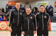 27 January 2018; Referees, from left, Aurimus Statkus, Stephen Brierley and Urosh Kutijevac prior to the Hula Hoops Under 18 Women’s National Cup Final match between Glanmire and DCU Mercy at the National Basketball Arena in Tallaght, Dublin. Photo by Brendan Moran/Sportsfile