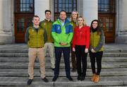 29 January 2018; An Taoiseach, Leo Varadkar congratulated Team Ireland Winter Olympic athletes ahead of their departure for the Pyeongchang Winter Olympics. The Olympic Council of Ireland (OCI) confirmed that five Irish athletes have qualified to represent Team Ireland at the 2018 Winter Olympic Games in PyeongChang, South Korea, from the 9th – 25th February. Team Ireland, who were gathered in Dublin today for a workshop, held jointly by the OCI and Sport Ireland were met by An Taoiseach Leo Varadkar who congratulated them on the achievement of being selected to represent Ireland at the Olympic Games and presented them with their official Team Ireland kit. Pictured are An Taoiseach Leo Varadkar and President of the Olympic Council of Ireland Sarah Keane with athletes, from left, Pat McMillan, Seamus O'Connor, Brendan Newby and Tess Arbez.  Photo by Ramsey Cardy/Sportsfile