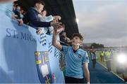 29 January 2018; Jay Barron of St Michael's College celebrates with supporters after the Bank of Ireland Leinster Schools Senior Cup Round 1 match between Terenure College and St Michael's College at Donnybrook Stadium, in Dublin.  Photo by Piaras Ó Mídheach/Sportsfile