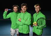 29 January 2018; Irish Davis Cup team members, from left, Peter Bothwell, Simon Carr and Sam Bothwell, pose for a portrait following a team practice session ahead of their Davis Cup Group 2 tie against Denmark on Saturday 3rd of February. David Lloyd Riverview, in Clonskeagh, Dublin. Photo by Seb Daly/Sportsfile