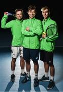 29 January 2018; Irish Davis Cup team members, from left, Peter Bothwell, Simon Carr and Sam Bothwell, pose for a portrait following a team practice session ahead of their Davis Cup Group 2 tie against Denmark on Saturday 3rd of February. David Lloyd Riverview, in Clonskeagh, Dublin. Photo by Seb Daly/Sportsfile