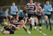 29 January 2018; Luke Grady of Terenure College is tackled by Lee Barron of St Michael's College during the Bank of Ireland Leinster Schools Senior Cup Round 1 match between Terenure College and St Michael's College at Donnybrook Stadium, in Dublin.  Photo by Piaras Ó Mídheach/Sportsfile