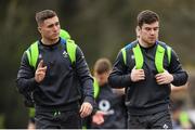 30 January 2018; Jordan Larmour, left, and Luke McGrath arrive for Ireland rugby squad training at Carton House in Maynooth, Co Kildare. Photo by Ramsey Cardy/Sportsfile