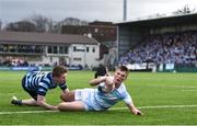 30 January 2018; Stephen Madigan of Blackrock College goes over to score his side's fourth try during the Bank of Ireland Leinster Schools Senior Cup Round 1 match between Blackrock College and Castleknock College at Donnybrook Stadium in Dublin. Photo by David Fitzgerald/Sportsfile