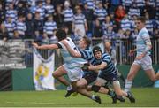 30 January 2018; Josh Dixon of Blackrock College is tackled by Jamie McGaley, centre, and Conor Neville of Castleknock College during the Bank of Ireland Leinster Schools Senior Cup Round 1 match between Blackrock College and Castleknock College at Donnybrook Stadium in Dublin. Photo by Darragh McCrohan/Sportsfile