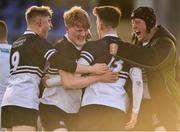 31 January 2018; Karmon Fitzgerald of Newbridge College, centre, is congratulated by teammates Jack Doyle, left, and Oisin Halpin, second left, after scoring his side's second try during the Bank of Ireland Leinster Schools Senior Cup Round 1 match between Newbridge College and Presentation College Bray at Donnybrook Stadium in Dublin. Photo by Seb Daly/Sportsfile